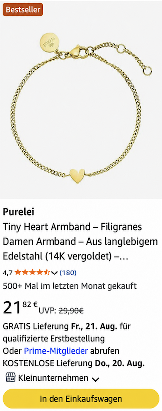 Purelei Tiny Heart Armband — Amazon Bestseller, 4,7 Sterne